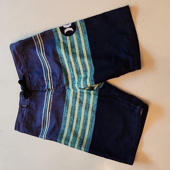 Hurley navy blue green stripe swim trunks boardshorts size 14 - Picture 1 of 10